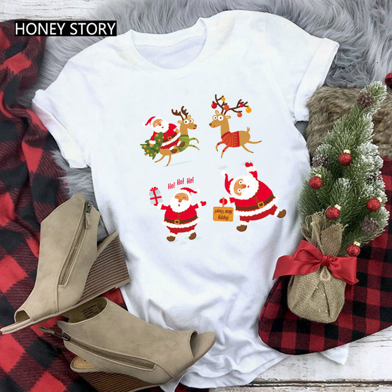 Merry Christmas T Shirt Santa Elk Men''s And Women''s Red Couple Short Sleeve Top