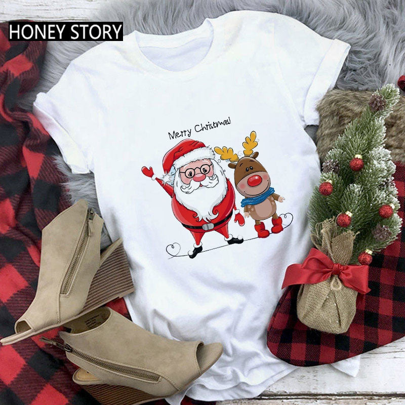 Merry Christmas T Shirt Santa Elk Men''s And Women''s Red Couple Short Sleeve Top