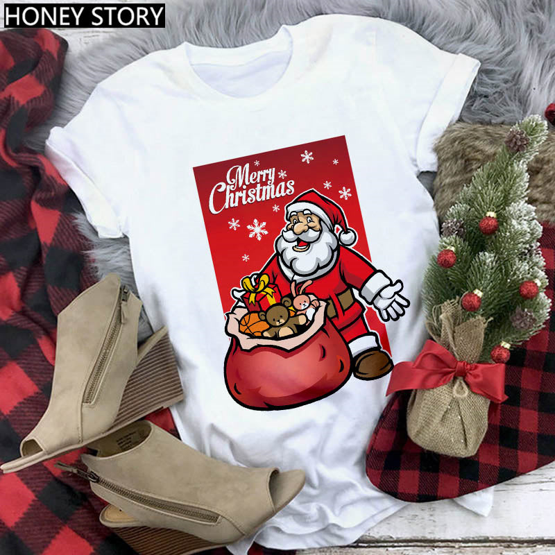 Merry Christmas T Shirt Santa Elk Men''s And Women''s Red Couple Short Sleeve Top