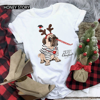 Merry Christmas T Shirt Santa Elk Men''s And Women''s Red Couple Short Sleeve Top