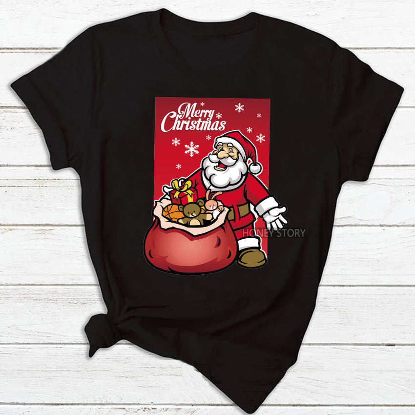 Merry Christmas T Shirt Santa Elk Men''s And Women''s Red Couple Short Sleeve Top